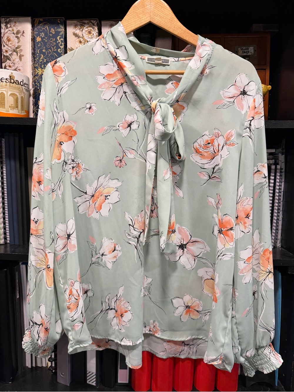 Pleione Mint Green Floral Tie-Neck Blouse